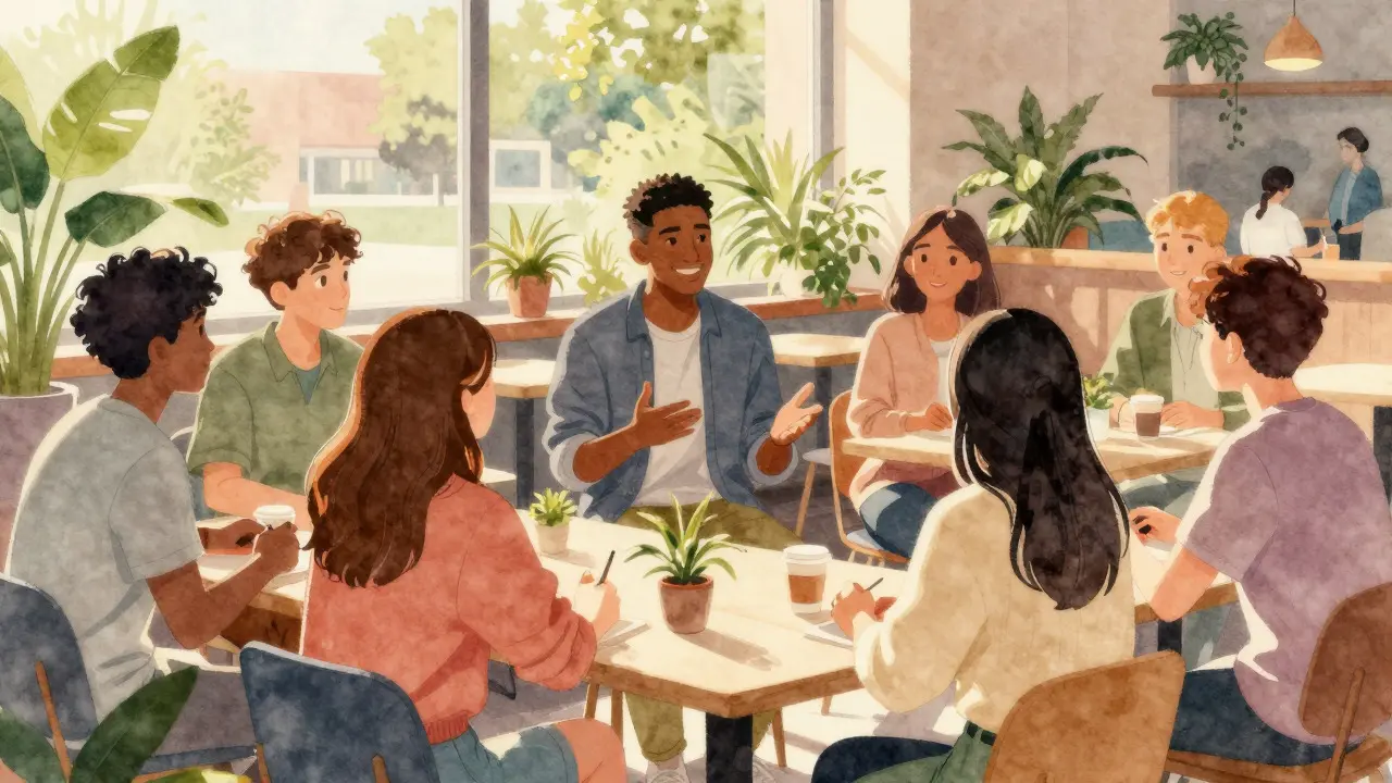 Diverse group of students chatting happily in a sunlit university common room