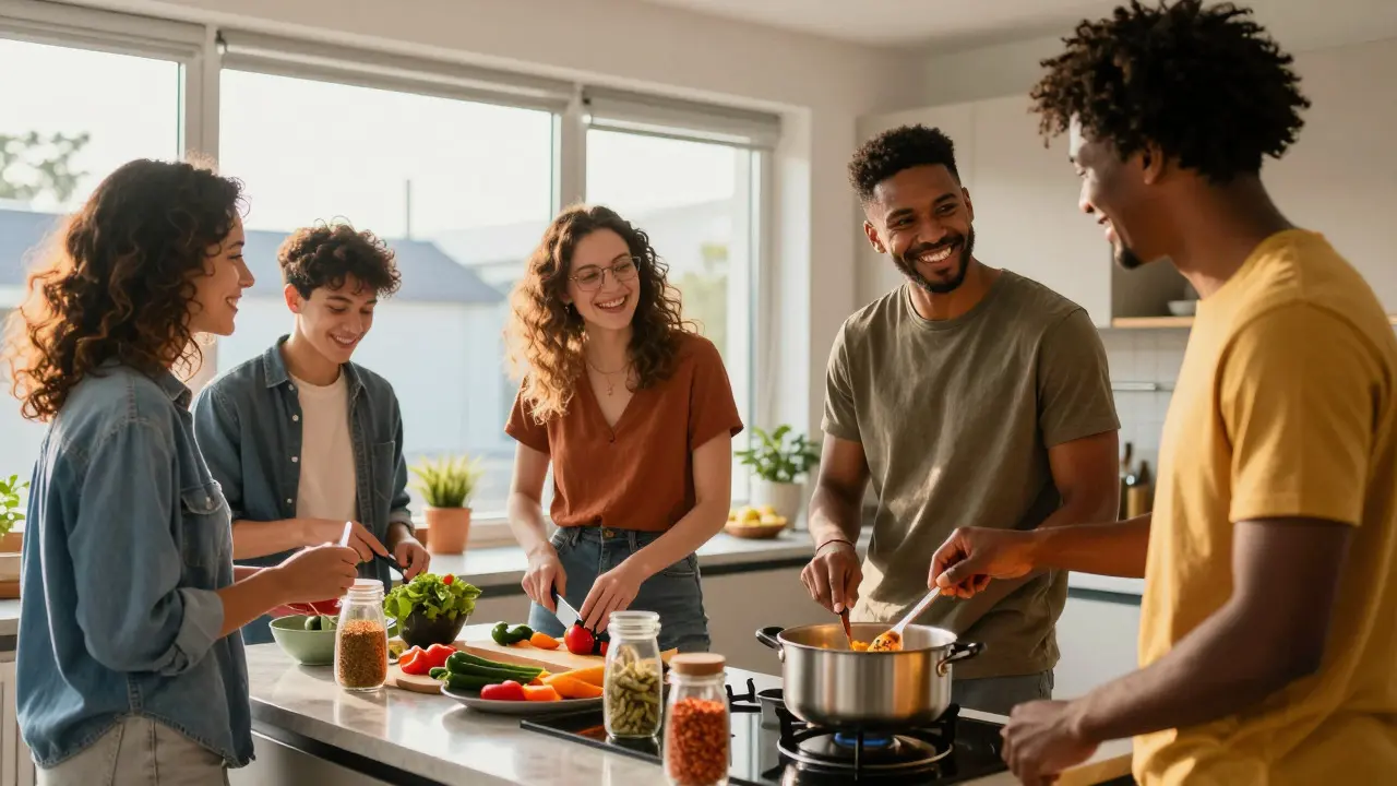 Diverse group of students cooking together in shared kitchen