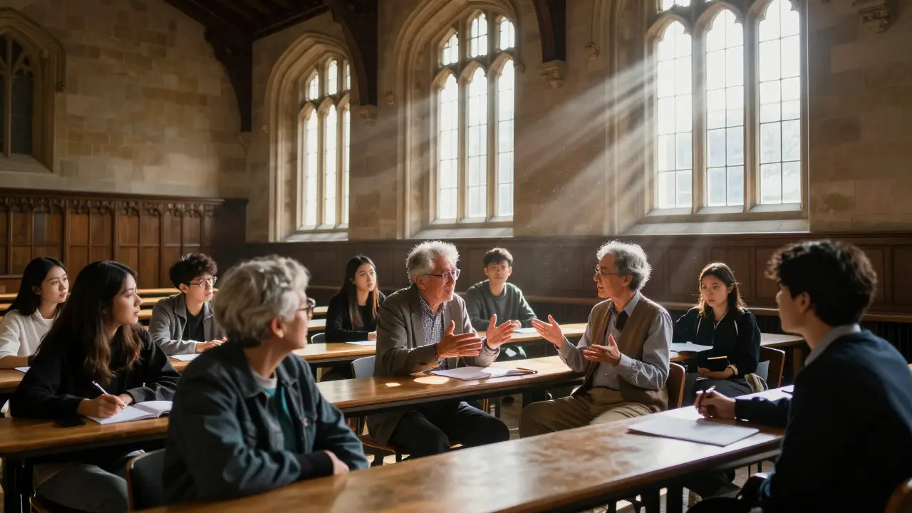 Diverse group of students discussing in a historic university lecture hall