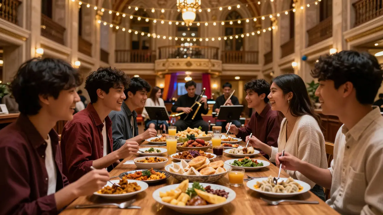 Diverse group of students sharing food and music at a university cultural festival
