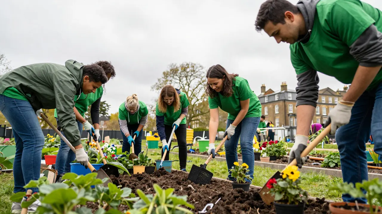 Diverse group of volunteers gardening together in a community park