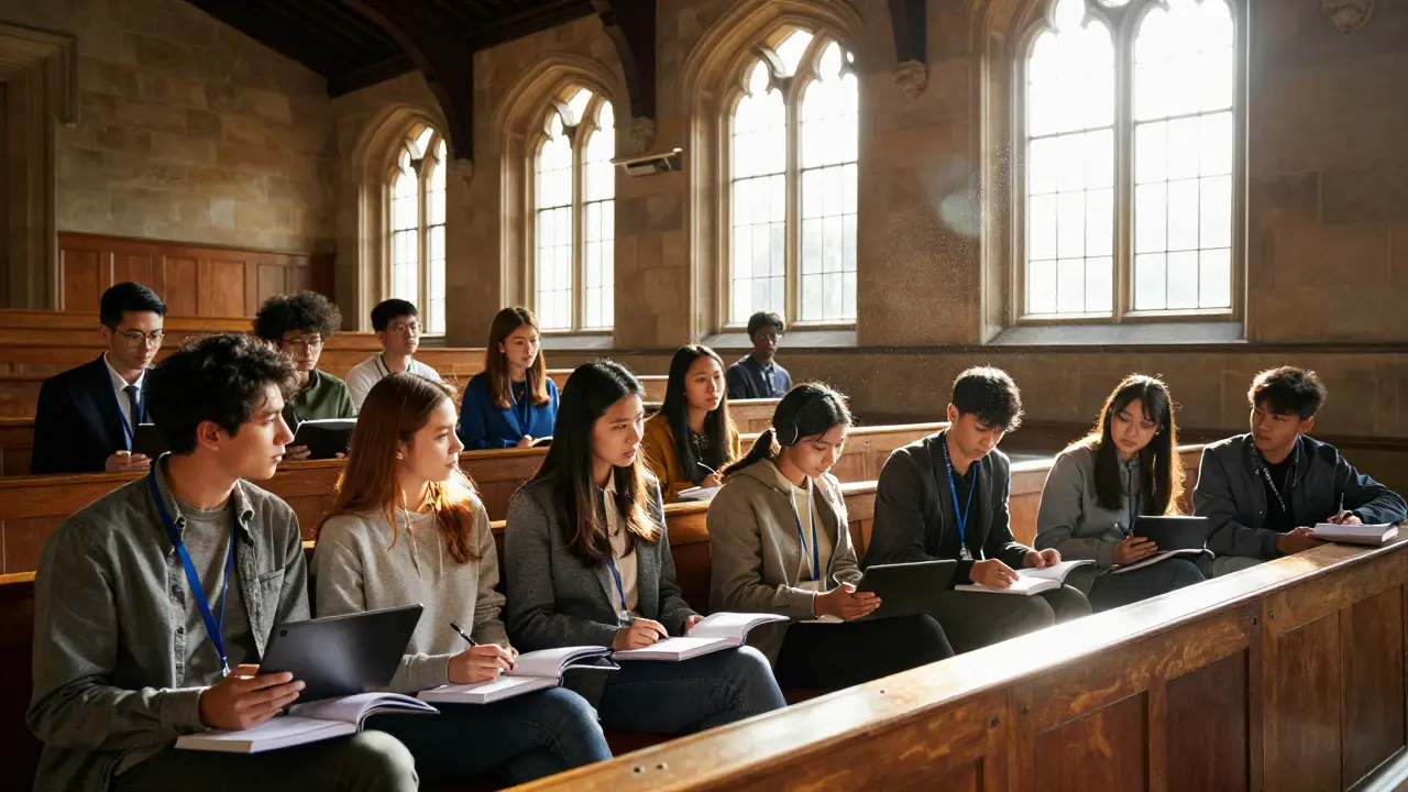 Diverse students discussing in a historic university lecture hall during an IB session