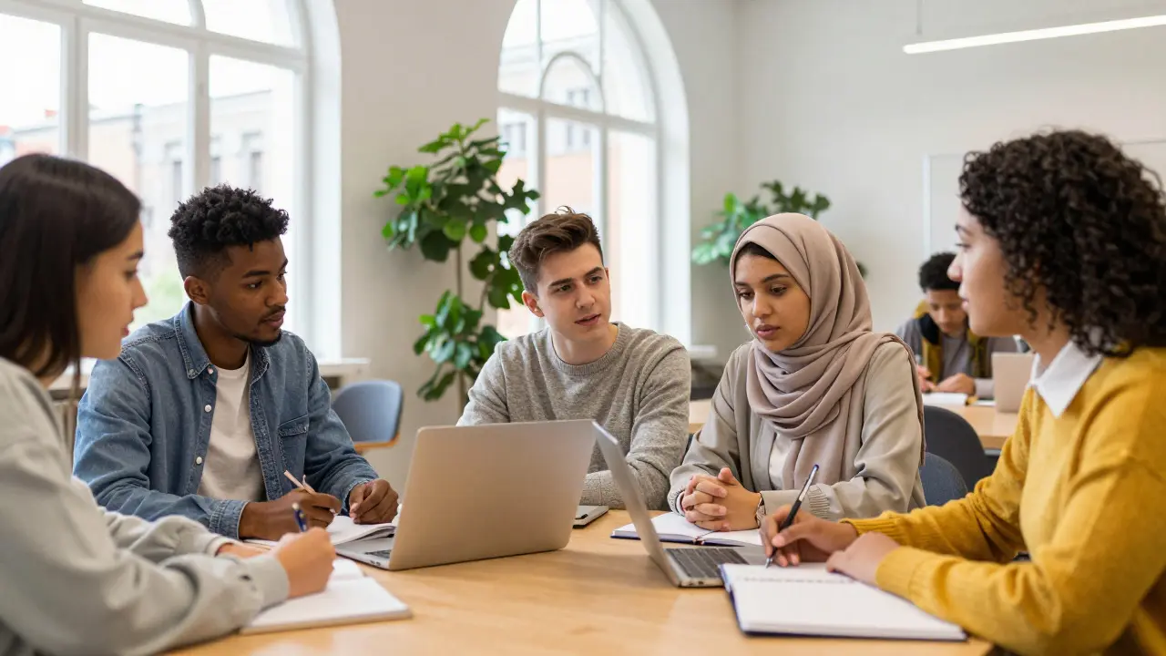 Diverse students studying together in a university library