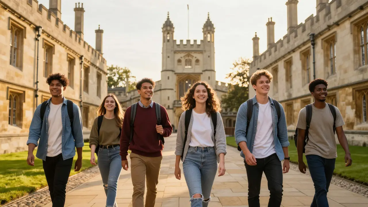 Diverse students walking on a UK university campus at sunset