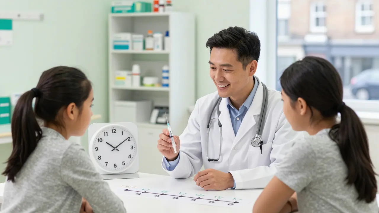 Doctor explaining vaccination timeline to student in clinic
