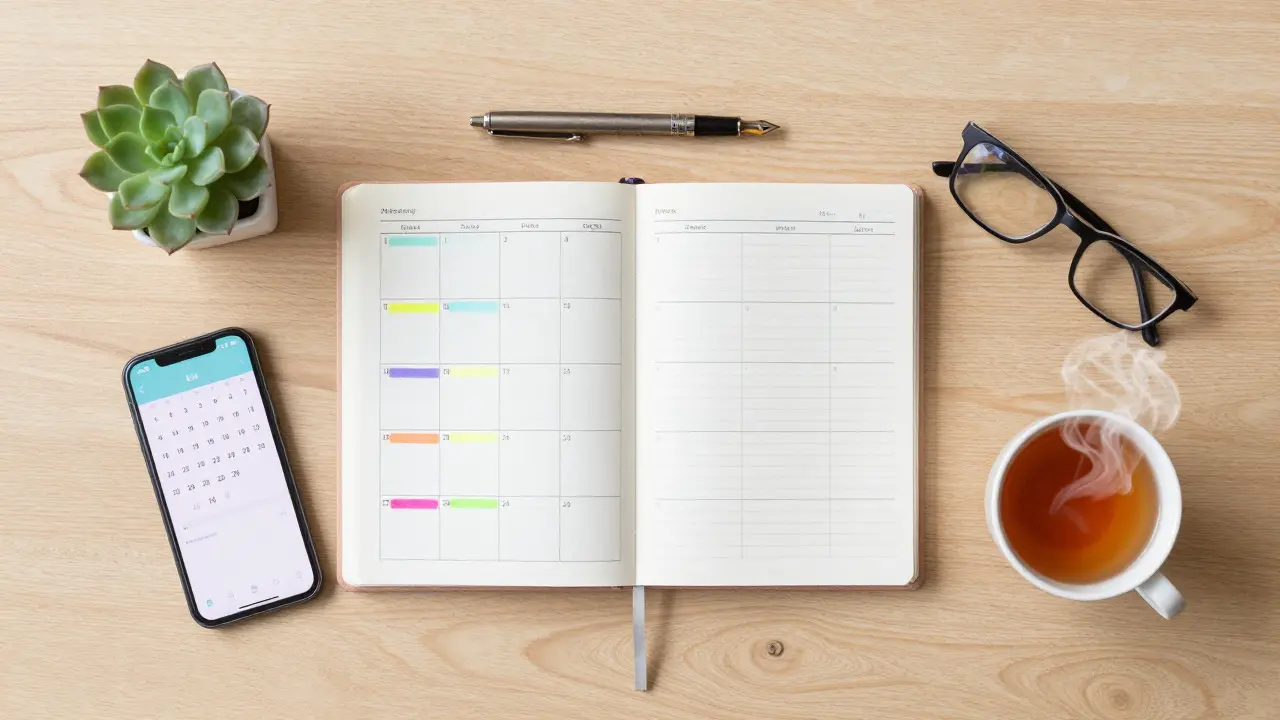 Flat lay of a planner, smartphone, and stationery items on a wooden desk