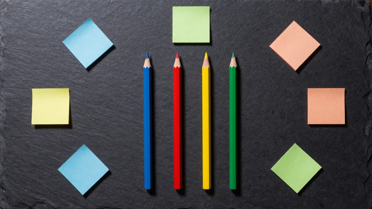 Flat lay of colored pencils and sticky notes on a dark slate surface