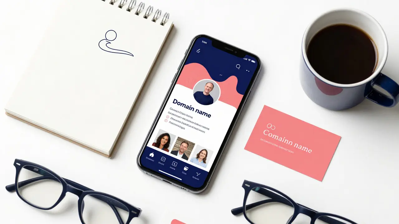 Flat lay of matching business card and phone showing consistent digital branding