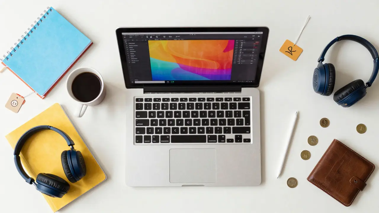 Flat lay of student workspace with laptop, notes, and budgeting items
