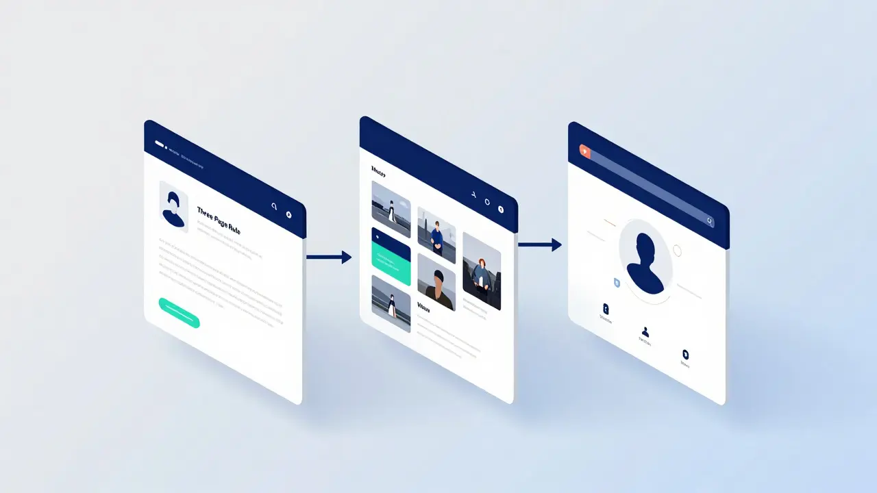 Flat vector illustration of three connected website layout panels
