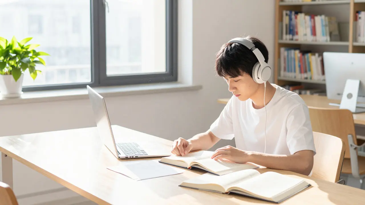 Focused student studying in a bright, organized morning environment