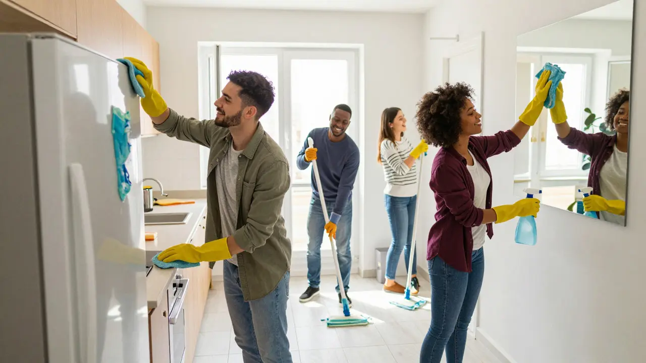 Four students collaborating to clean a shared flat kitchen and bathroom