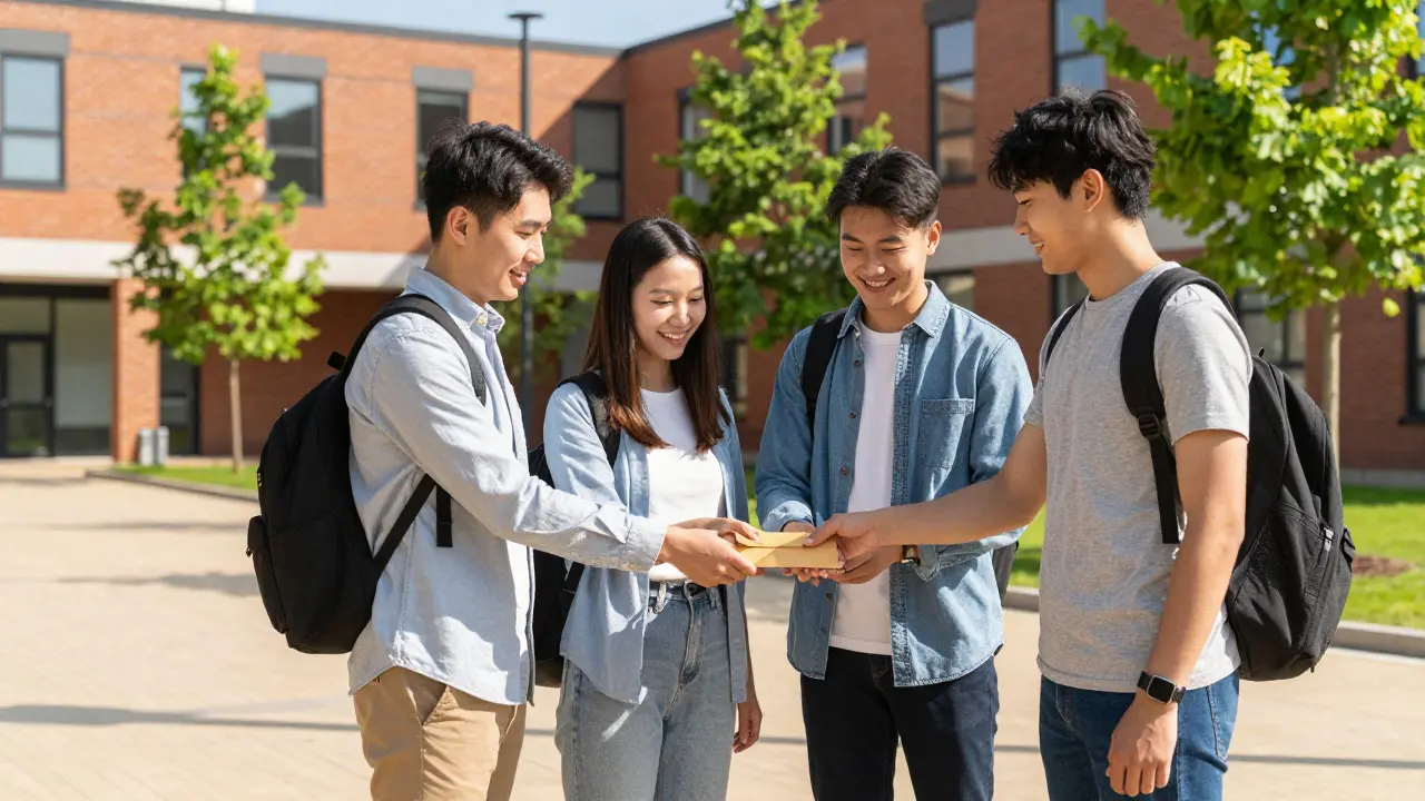 Four students sharing an envelope outside accommodation building