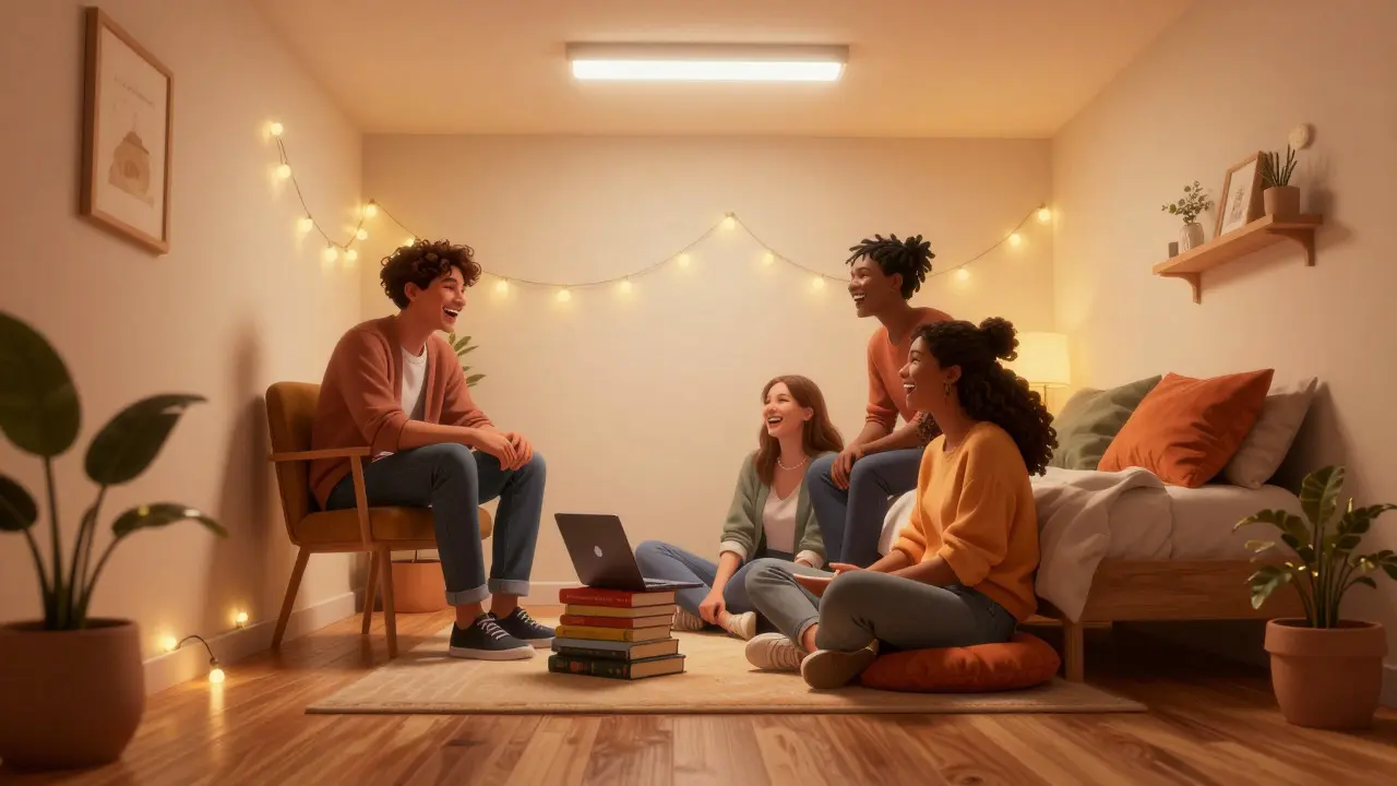 Friends laughing together in a cozy, dimly lit student room with fairy lights