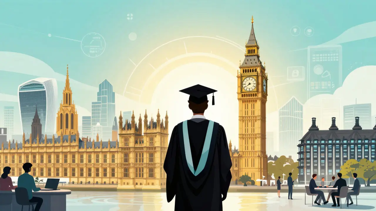 Graduate silhouette looking toward a London cityscape