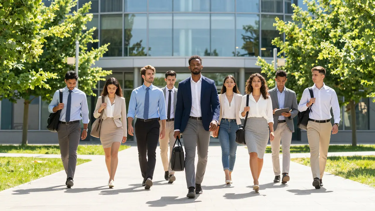 Graduates in business attire walking out of a modern university building on a sunny day
