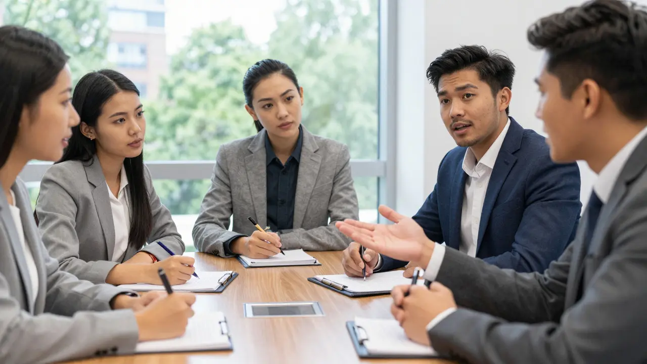 Group of candidates collaborating during a workplace assessment exercise