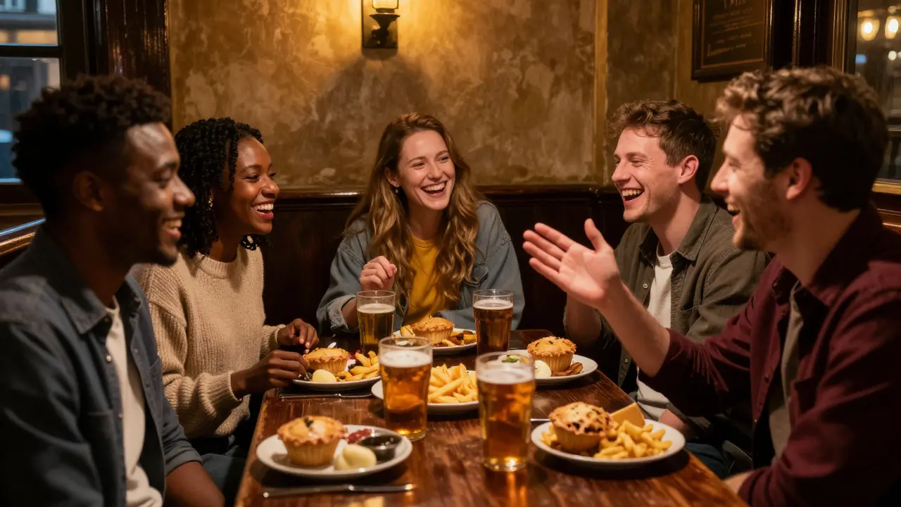 Group of friends enjoying a meal together in a British pub