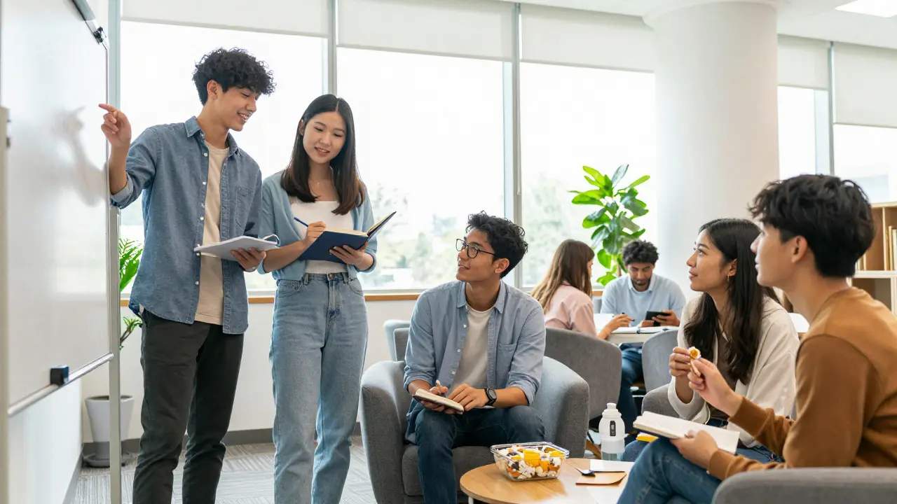 Group of graduate students collaborating in a bright university library