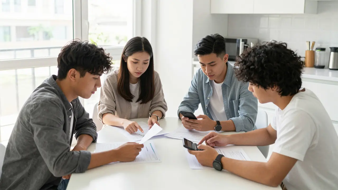 Group of students discussing rent and bills around a kitchen table