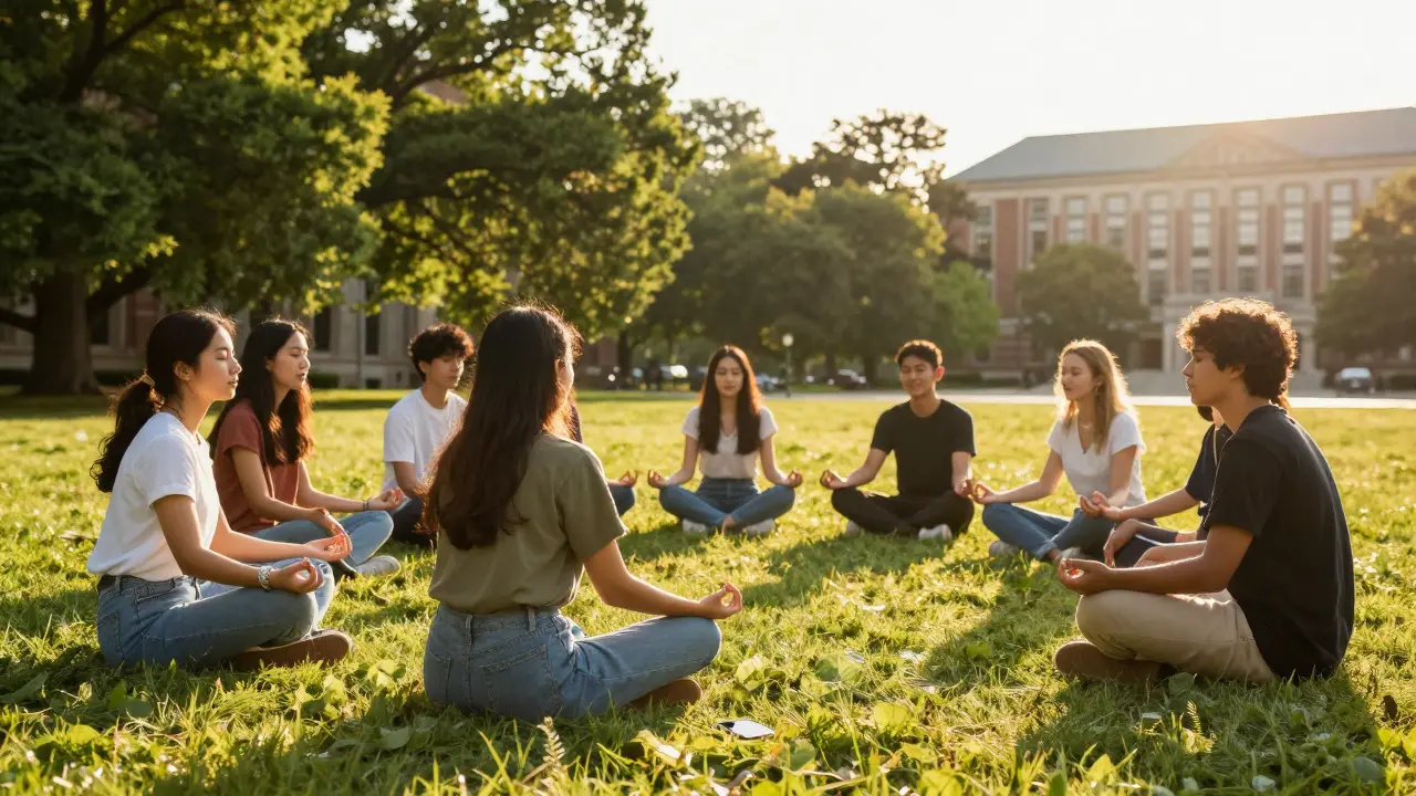 Group of students practicing mindfulness together on a sunny university lawn