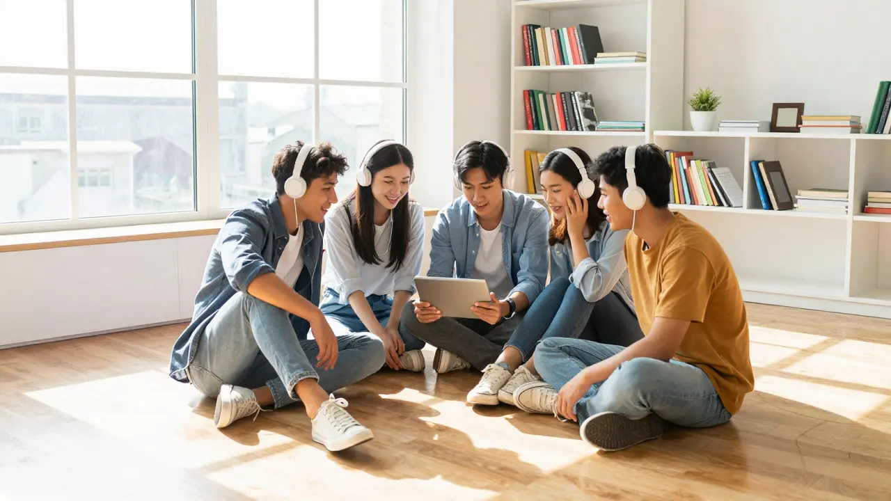 Group of students sharing headphones in a sunny common room