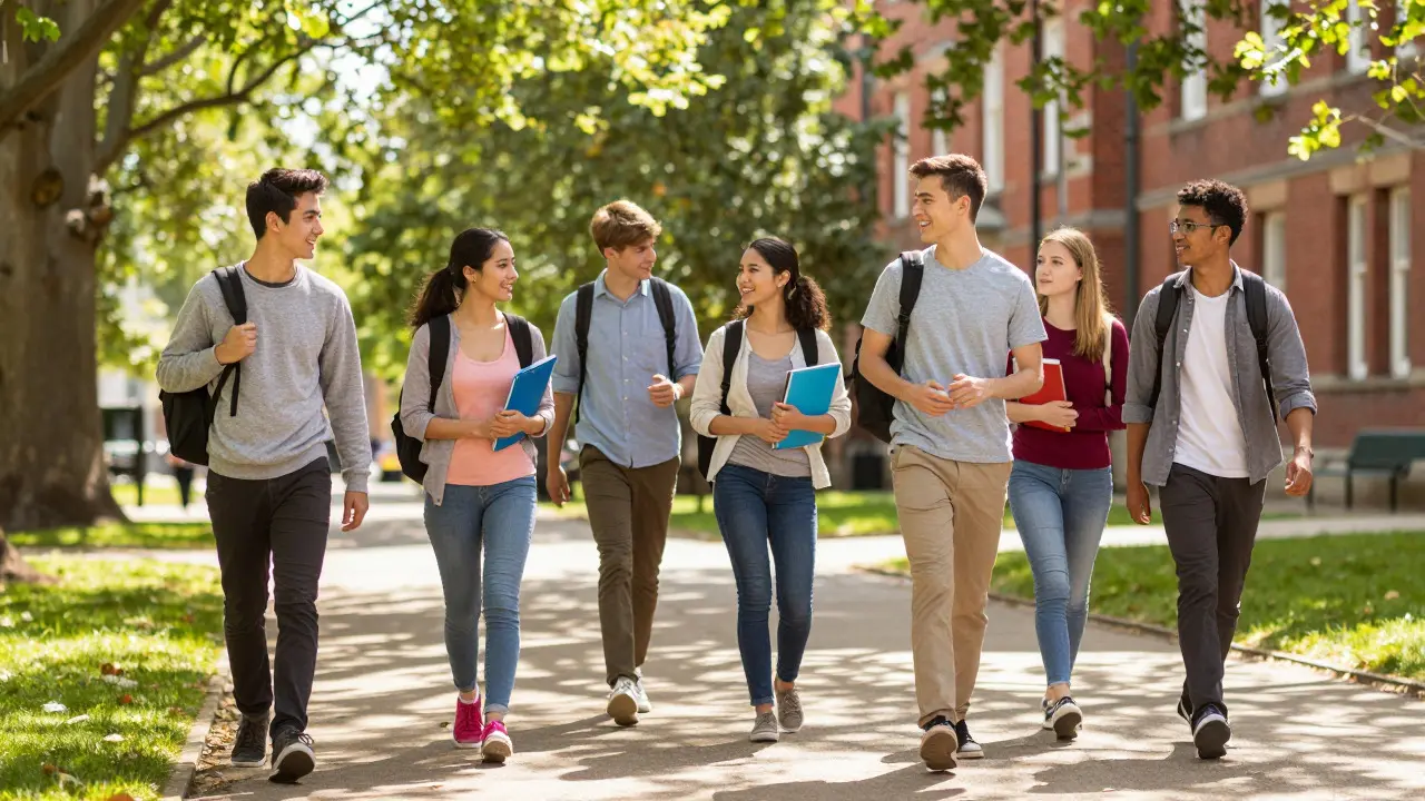 Group of students walking energetically on a university campus