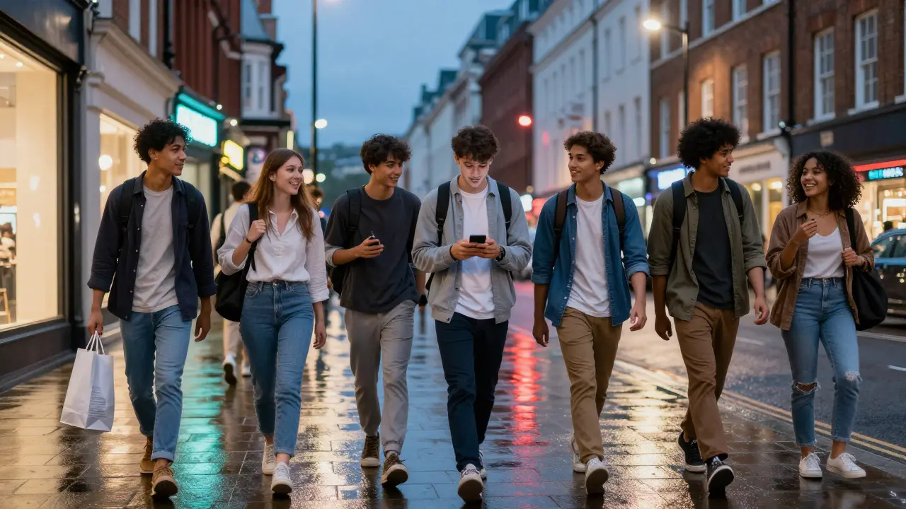 Group of students walking through a busy city street at night