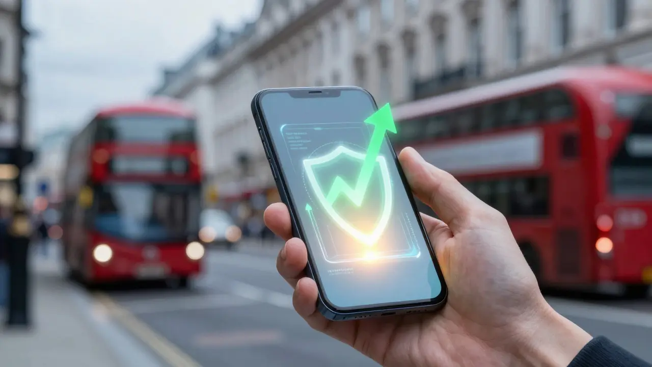 Hand holding a phone displaying an abstract rising credit score graphic