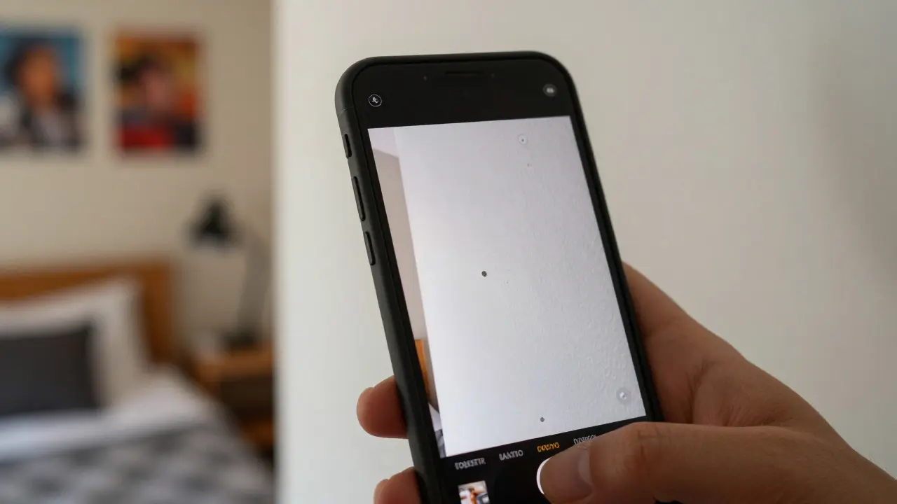 Hand holding a phone photographing minor wall damage to document property condition