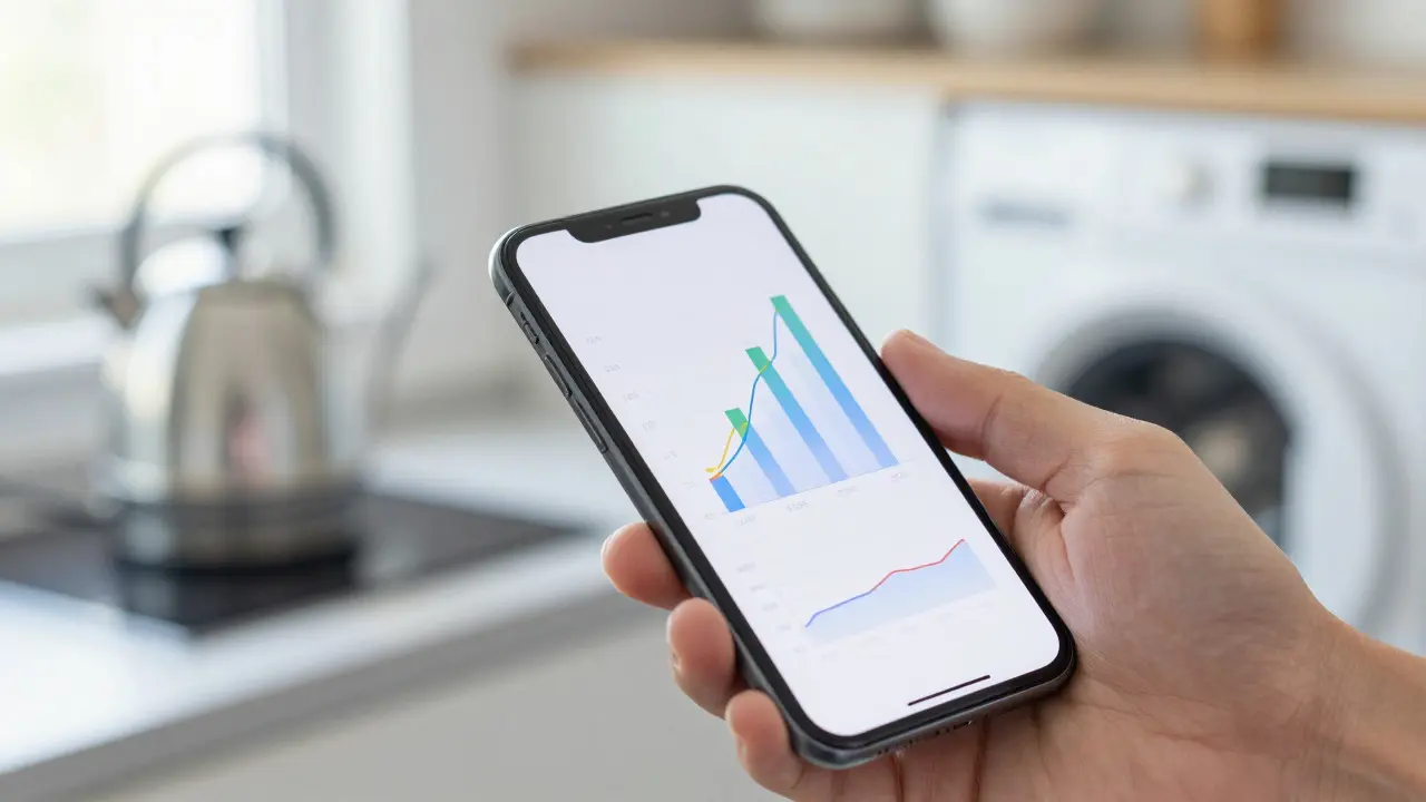 Hand holding a phone showing an energy graph near kitchen appliances