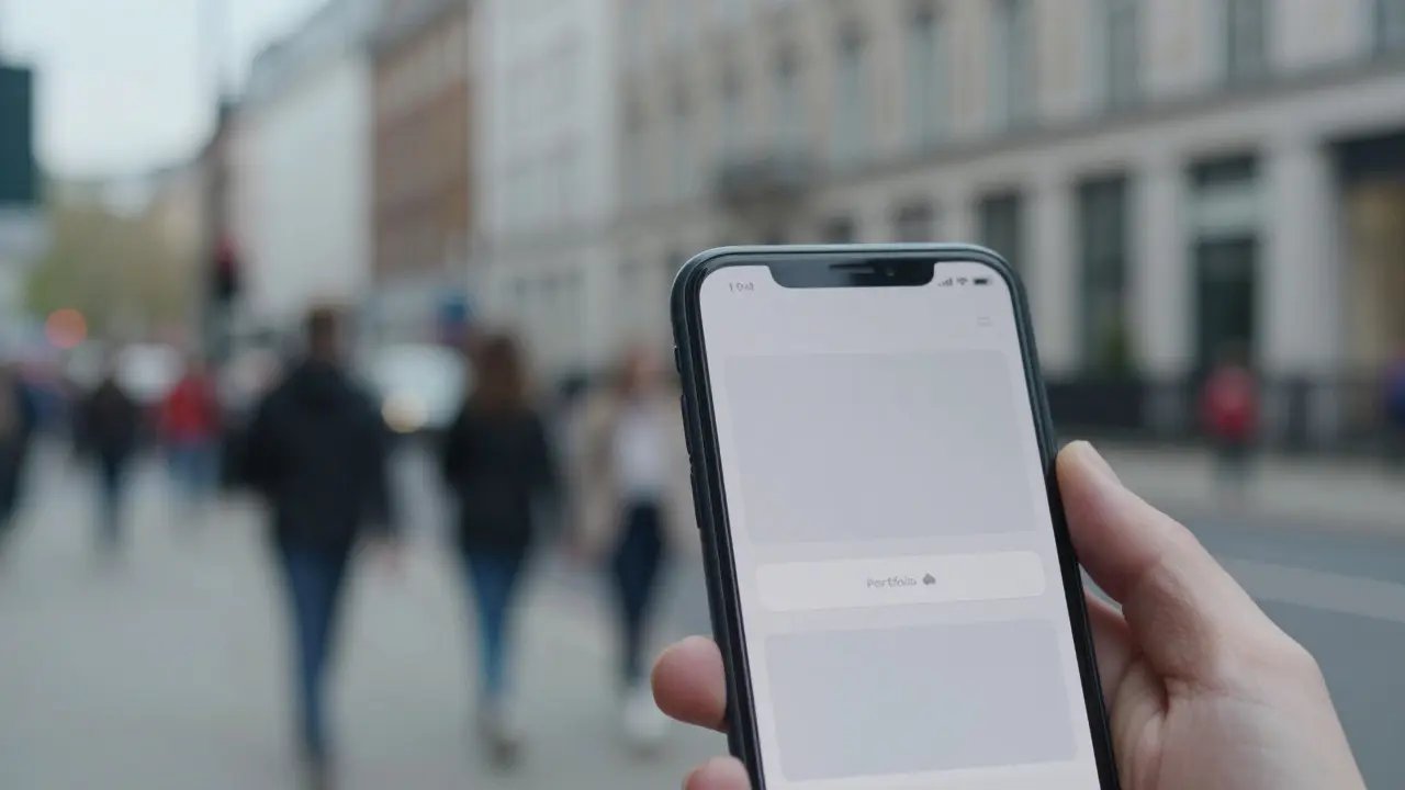 Hand holding a smartphone displaying a website on a busy city street