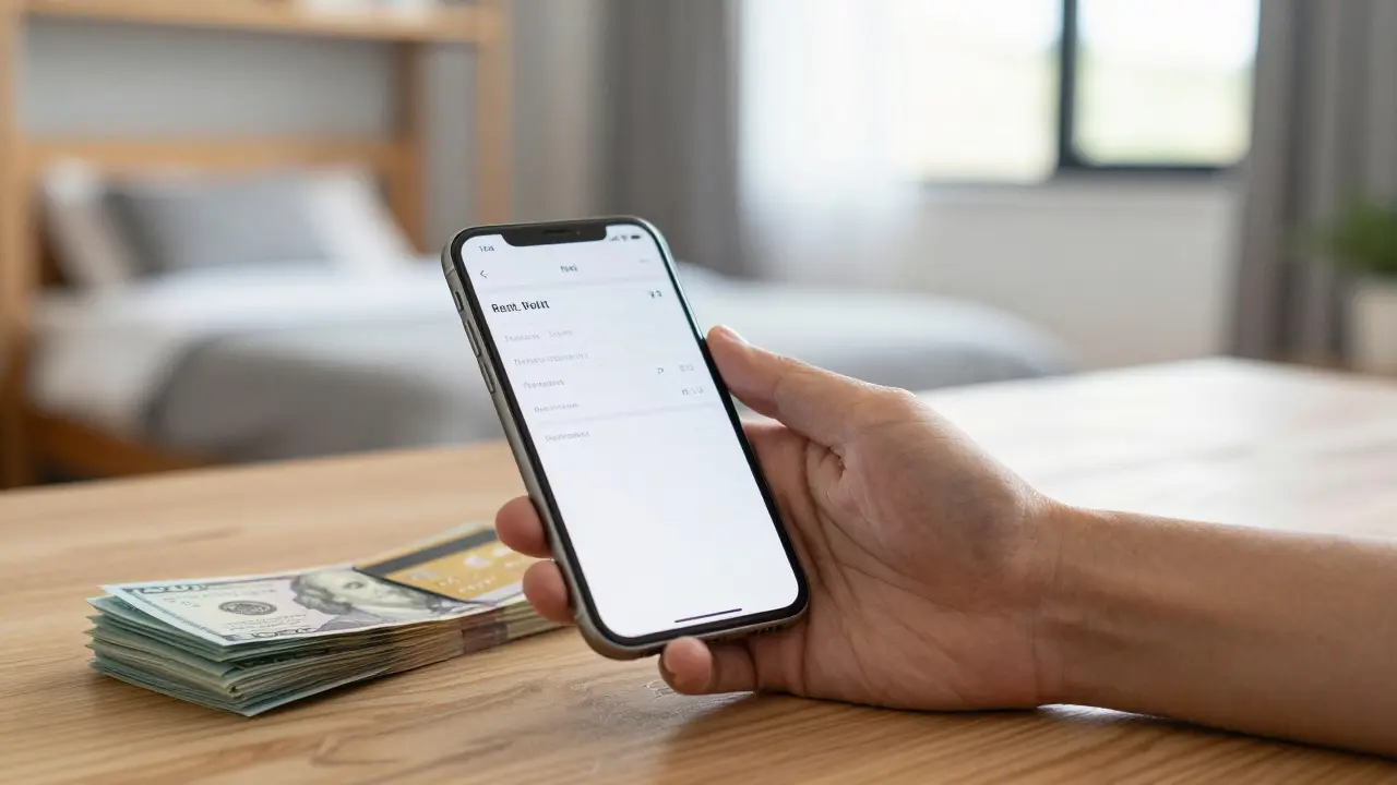 Hand holding phone showing inclusive rent near furnished room