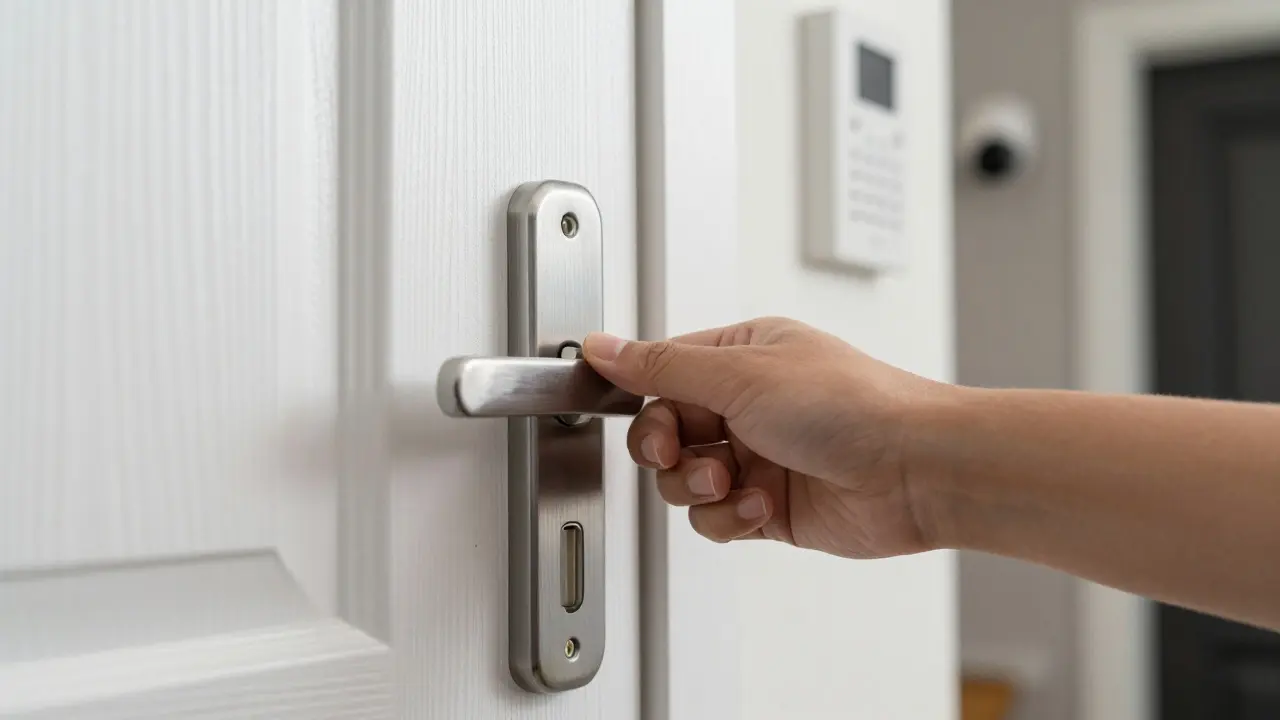 Hand installing a deadbolt lock on a secure apartment door