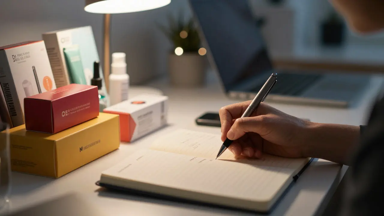 Hand writing notes next to product packages