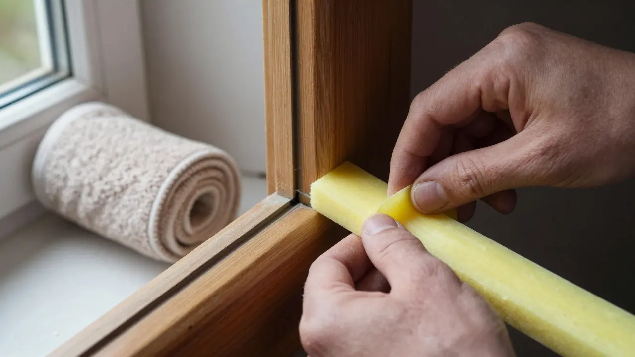 Hands applying foam draught excluder to a window frame