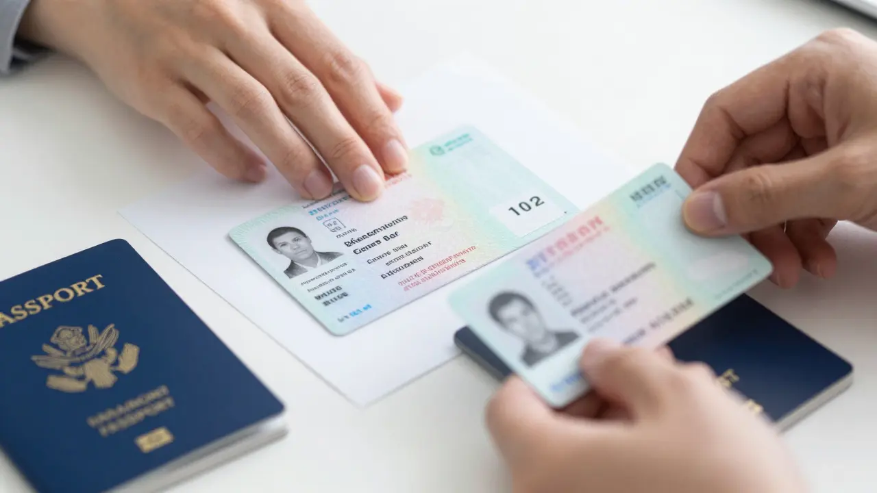 Hands arranging passports and ID documents on a white table