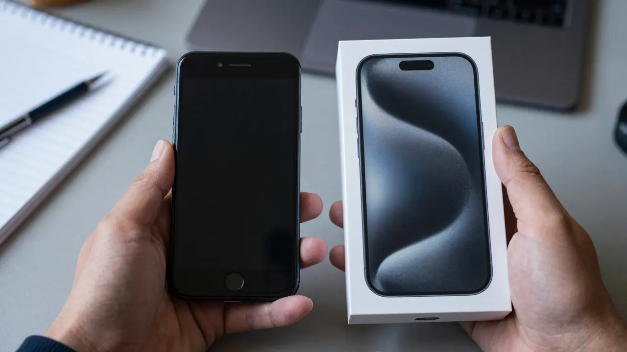 Hands comparing an old smartphone with a new boxed device on a desk
