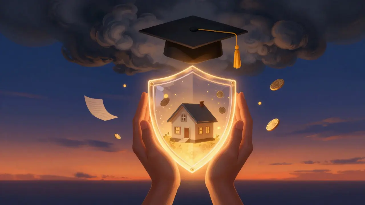 Hands holding a glowing shield protecting a house and graduation cap