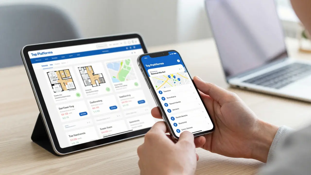 Hands holding a phone and tablet displaying abstract property search interfaces