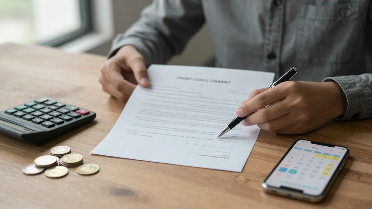Hands holding a tenancy agreement and pen on a desk