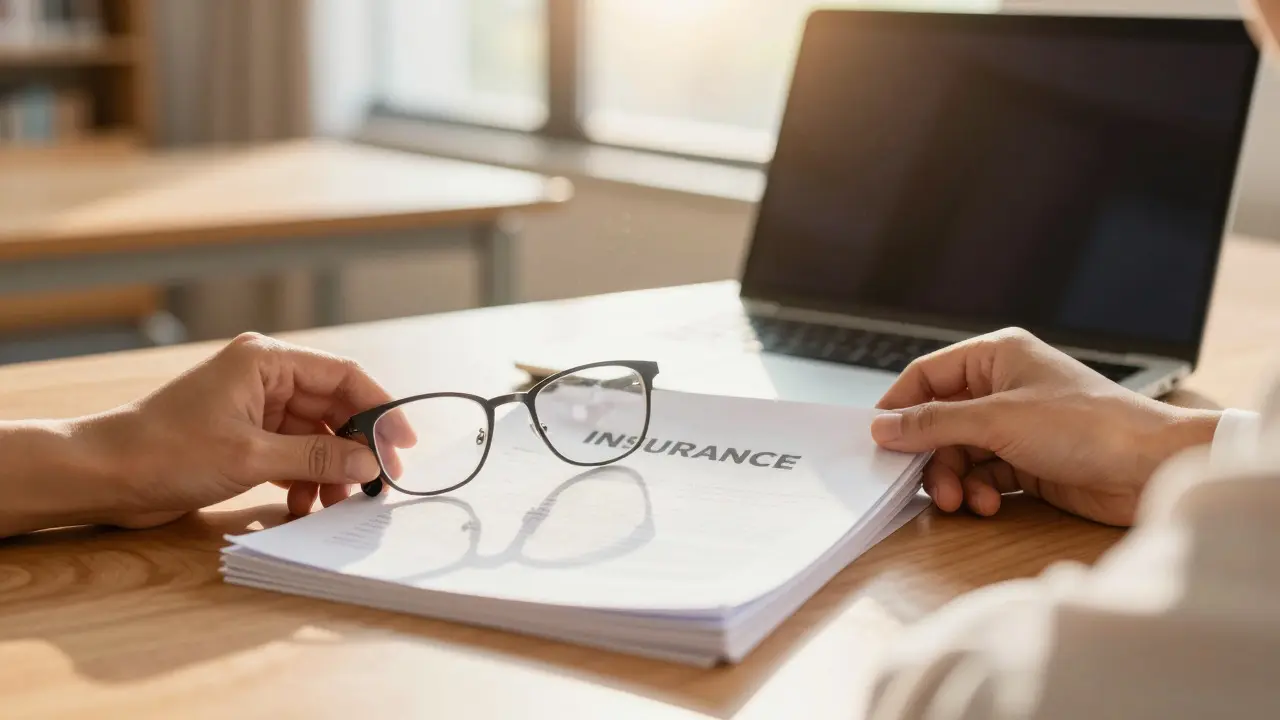 Hands holding glasses and insurance documents on a study desk