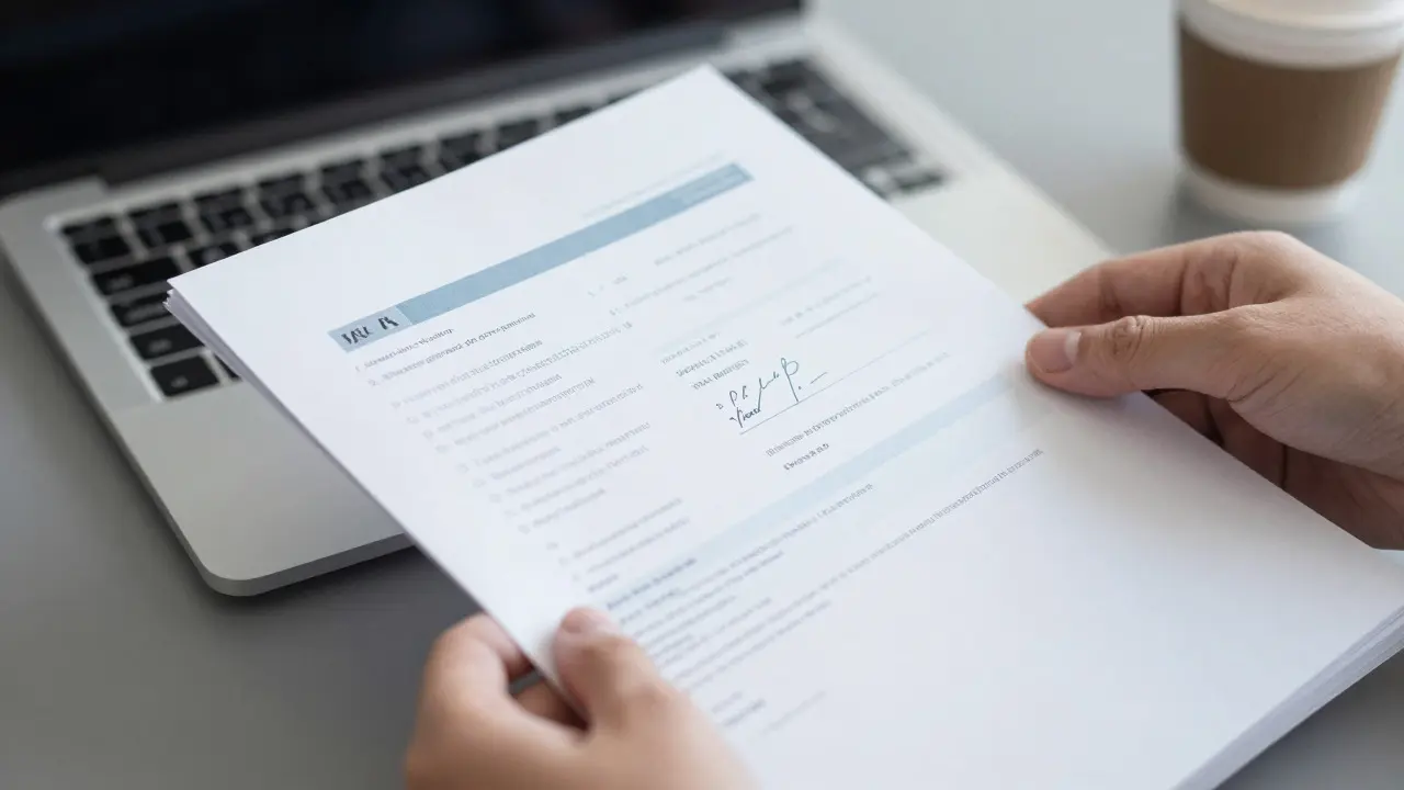 Hands holding official visa documents and bank statements