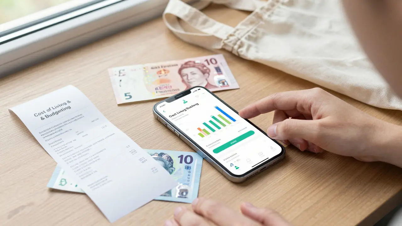 Hands managing finances with cash and a phone showing a budget app