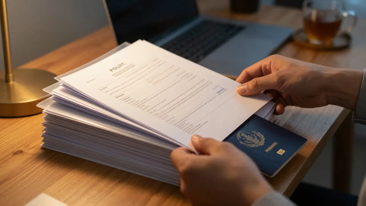Hands organizing insurance documents and receipts on a desk