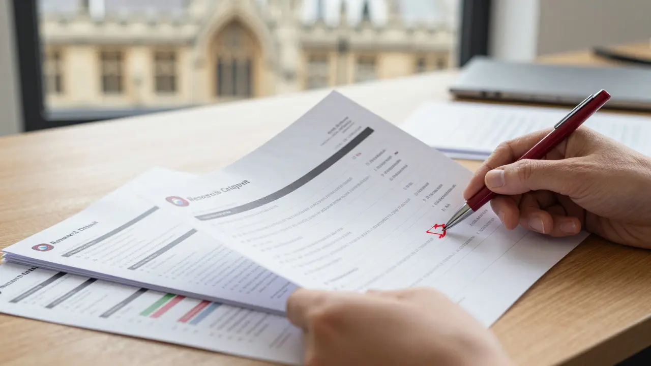 Hands reviewing university ranking documents with a pen on a desk