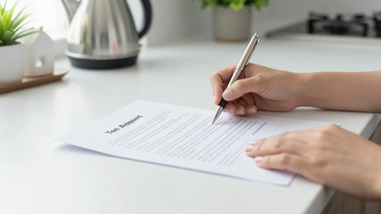 Hands signing a tenancy agreement and placing an enrollment certificate