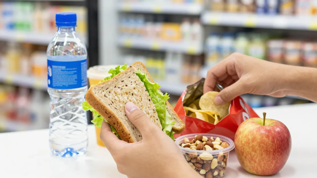 Hands swapping unhealthy snacks for nuts and fruit in a convenience store
