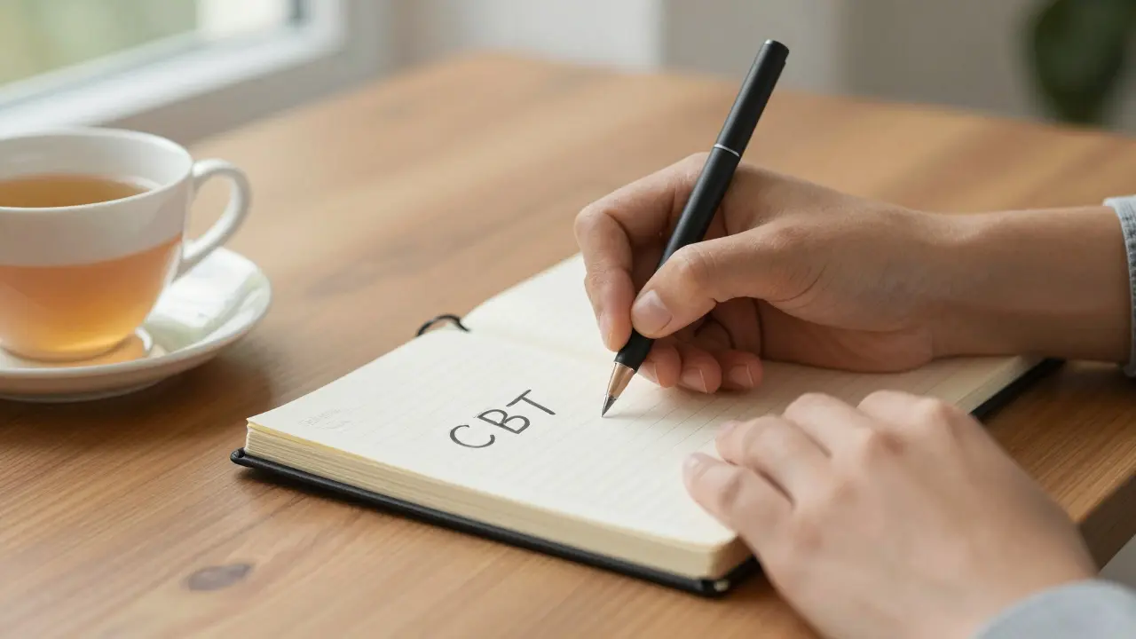 Hands writing in a notebook during a therapy session