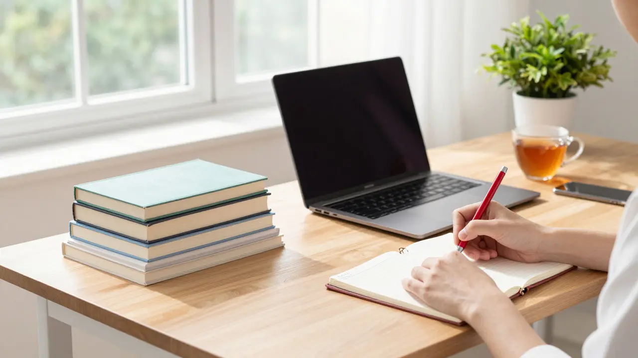 Hands writing in a planner on a clean, sunlit desk with books